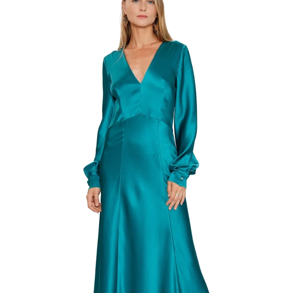 Alberta Ferretti Teal Long Sleeve Silk Dress - Picture 2 of 16